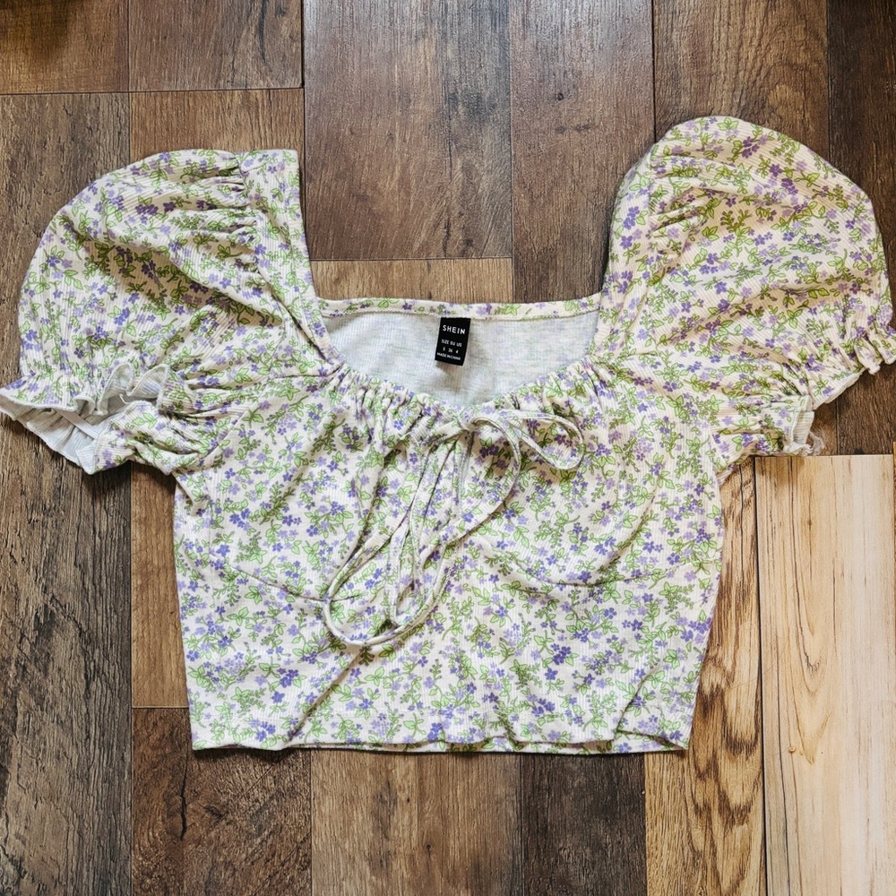 SHEIN Floral Puff Sleeve Blouse in Green and Purple
